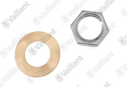 Vaillant Mutter und Unterlegscheibe aus Metall, zu sehen sind eine flache goldene Unterlegscheibe und eine silberne sechseckige Mutter.